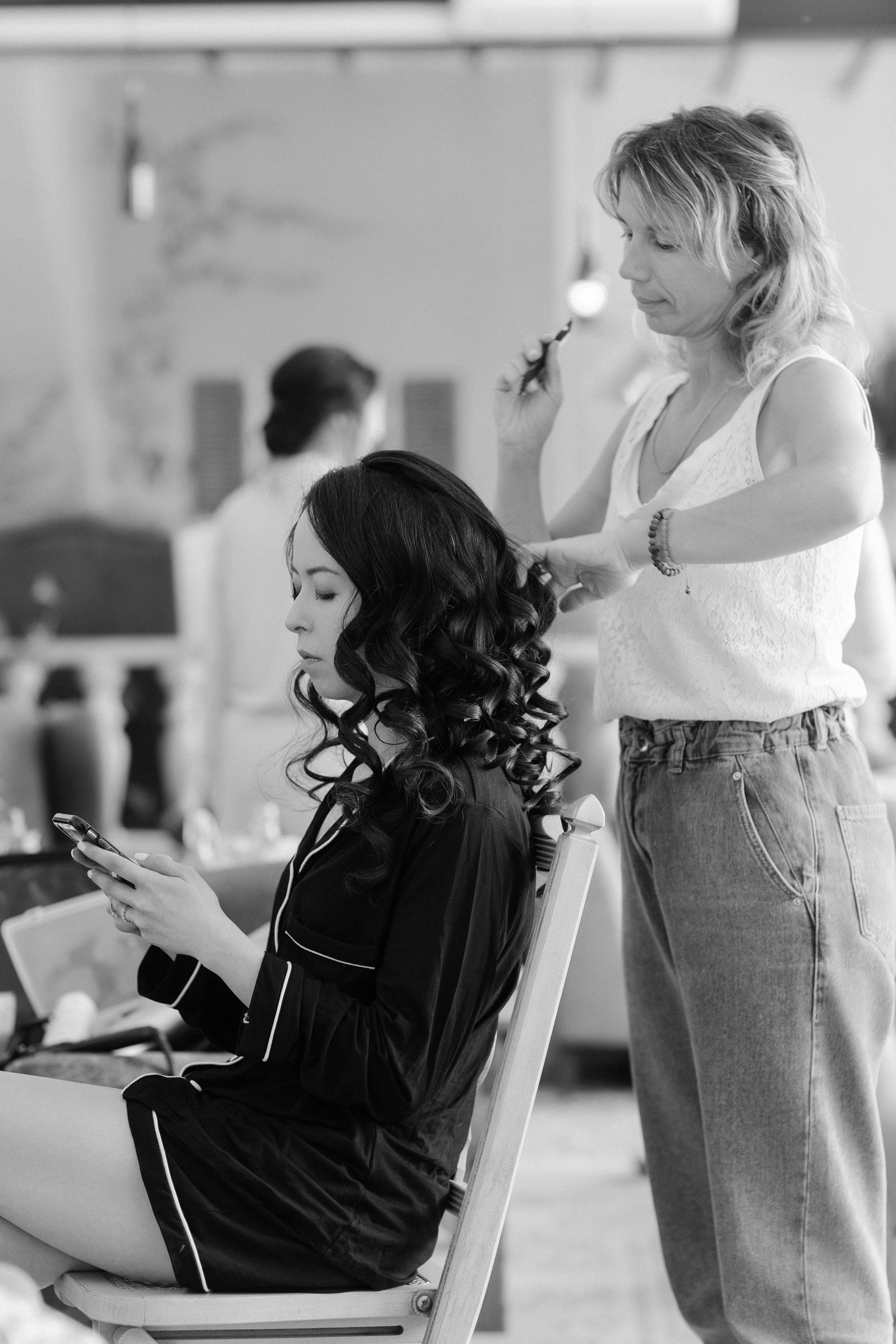 Bride having her hair styled before her wedding at Quinta de Sant'Ana, Portugal Bride having her hair styled before her wedding at Quinta de Sant'Ana, Portugal